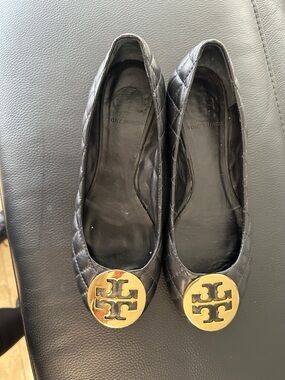 Tory Burch Black Quilted Reva Flats with Gold Logo Medallion
